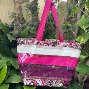 VERA BRADLEY Large Pink Striped Paisley Floral Vinyl Tote Bag